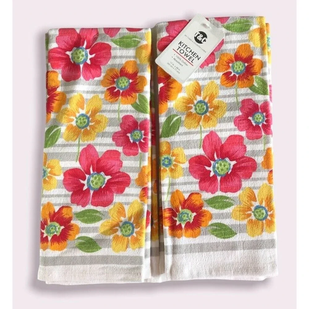 Floral Flowers Kitchen Dish Towels 17x28 Absorbent 100% Cotton Set of 2